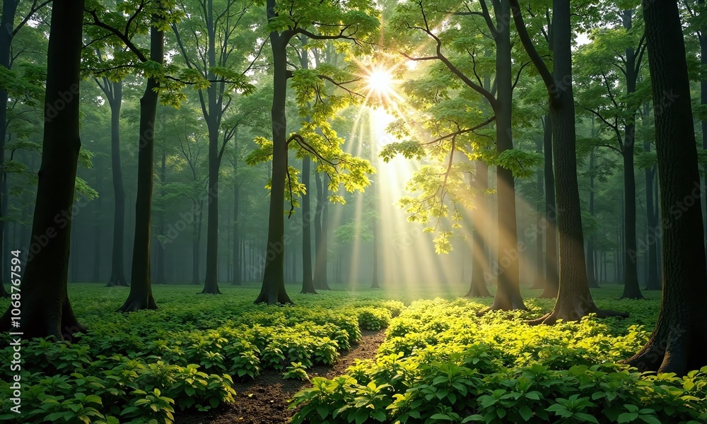Obraz premium Lush green forest sunbeams streaming through trees vibrant