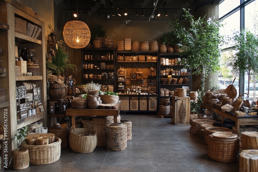 Interior of a cozy zero waste shop promoting sustainable lifestyle with wicker baskets and wooden furniture