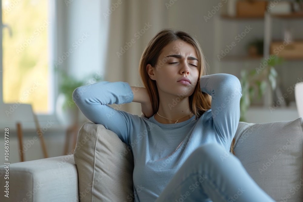 A tired young woman in a comfortable living room experiences neck pain while sitting on a couch during a sunny afternoon A tired young woman in a comfortable living room experiences neck pain while sitting on a couch during a sunny afternoon