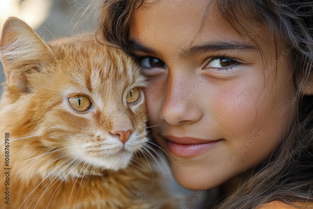 Girl hugging her ginger cat showing love and affection