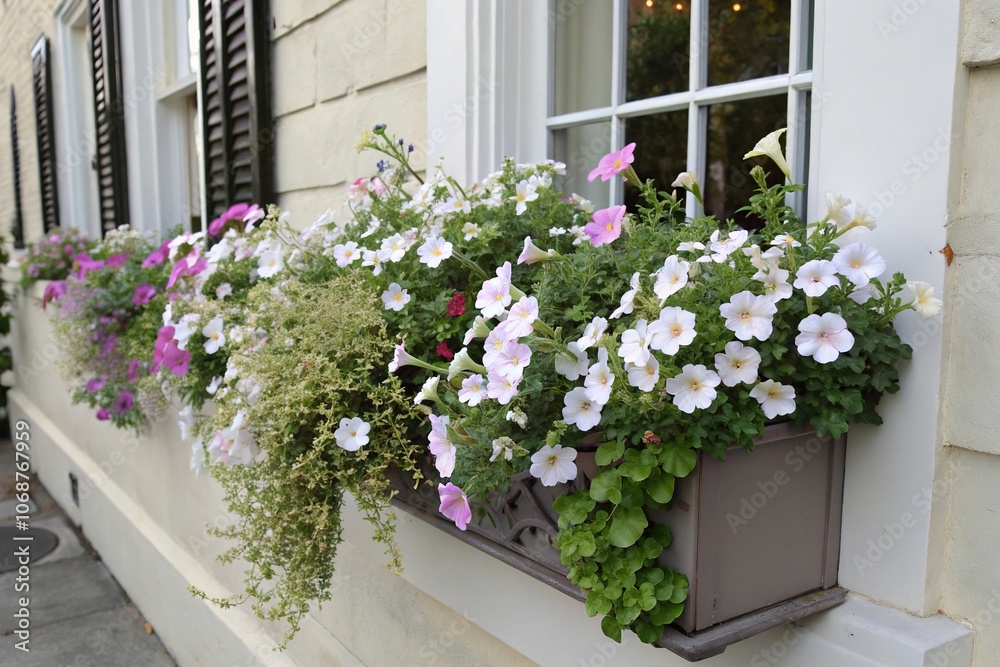 Fototapeta premium A window box planter filled with a vibrant climbing plant in shades of white and pastel colors, spilling over the edges, garden feature, window box planter, trellis design, flower arrangement