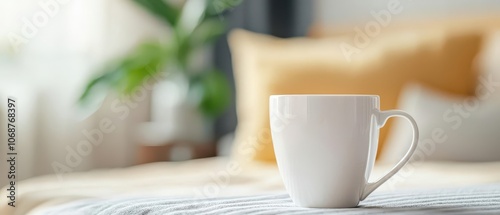 A serene bedroom scene featuring a white mug on a cozy bed with soft, decorative pillows and a touch of greenery.