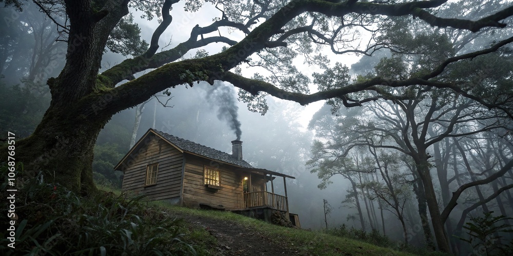 Dimly lit wooden cabin nestled among twisted tree branches surrounded by foggy forest foliage, rustic decor, isolated cabin Dimly lit wooden cabin nestled among twisted tree branches surrounded by foggy forest foliage, rustic decor, isolated cabin