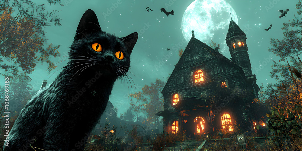 Black Cat with Glowing Eyes Watches a Haunted House Under a Full Moon in a Mystical Forest Black Cat with Glowing Eyes Watches a Haunted House Under a Full Moon in a Mystical Forest