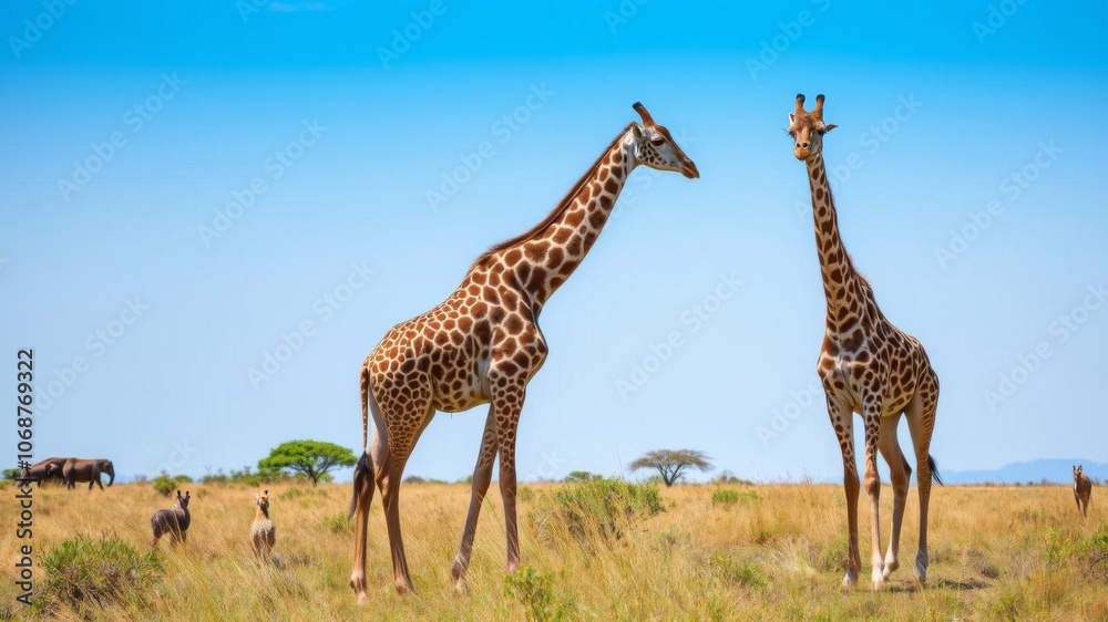 Obraz premium Three majestic giraffes roaming the iconic national park of Kenya, surrounded by lush greenery and under the African sun, nature, three, majestic
