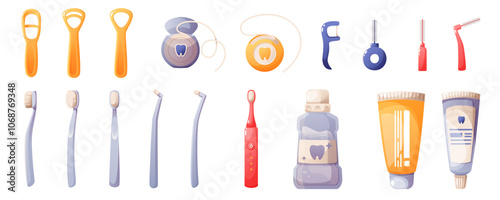 Dental care set, oral hygiene products. Toothpaste, toothbrushes, dental floss, interdental brushes, electric toothbrush, mouthwash, tongue scraper. Dental care, teeth cleaning.