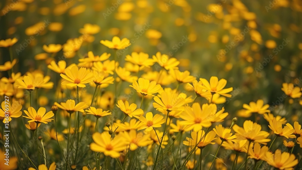 Obraz premium Field of golden cosmos flowers with a slight breeze, causing the delicate petals to sway gently, wildflowers, sunny day
