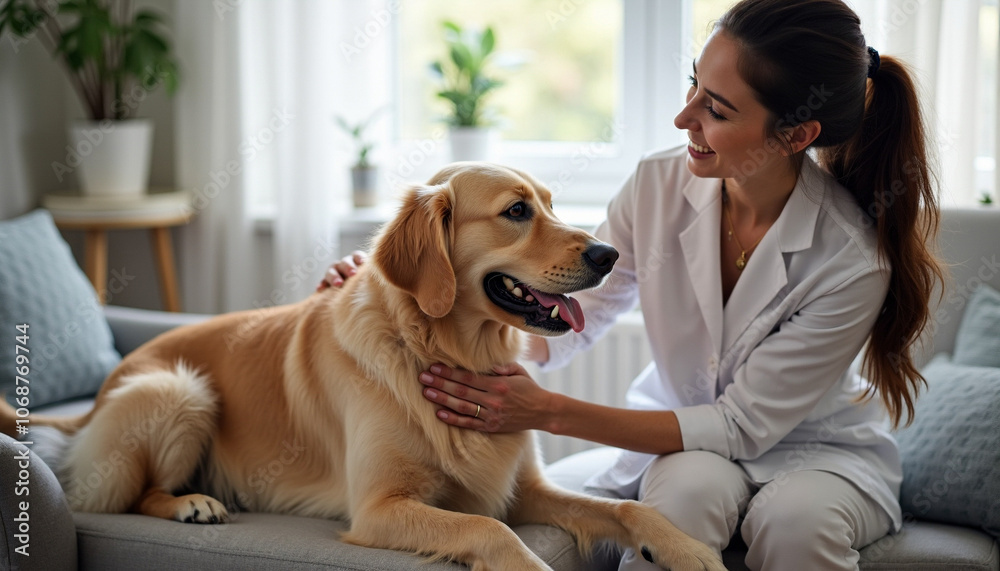 Veterinarian and Golden Retriever: Gentle Care. A heartwarming image of a compassionate veterinarian gently petting a beautiful Golden Retriever. Veterinarian and Golden Retriever: Gentle Care. A heartwarming image of a compassionate veterinarian gently petting a beautiful Golden Retriever.