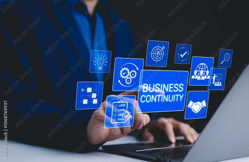 © Supatman - Business continuity management concept. 'Business Continuity' with icons strategy, risk assessment, and operational planning. business continuity planning and resilience in managing disruptions. © Supatman - Business continuity management concept. 'Business Continuity' with icons strategy, risk assessment, and operational planning. business continuity planning and resilience in managing disruptions.