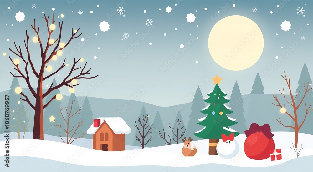 A snowy winter scene with a decorated Christmas tree, a cute little house and a reindeer, with a full moon in the sky. A snowy winter scene with a decorated Christmas tree, a cute little house and a reindeer, with a full moon in the sky.