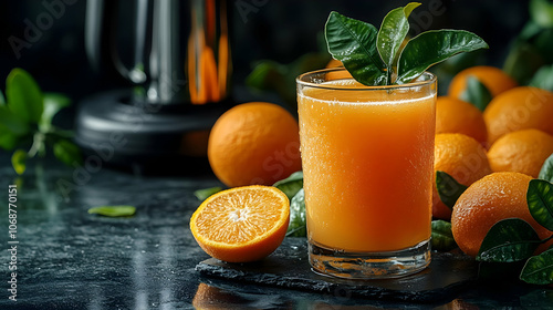 Fresh Orange Juice with Green Leaves - Photo