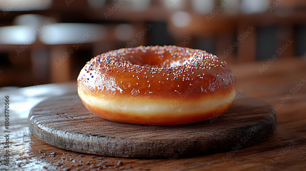 Delicious Glazed Donut with Sprinkles on Wooden Board - 3D Render Delicious Glazed Donut with Sprinkles on Wooden Board - 3D Render