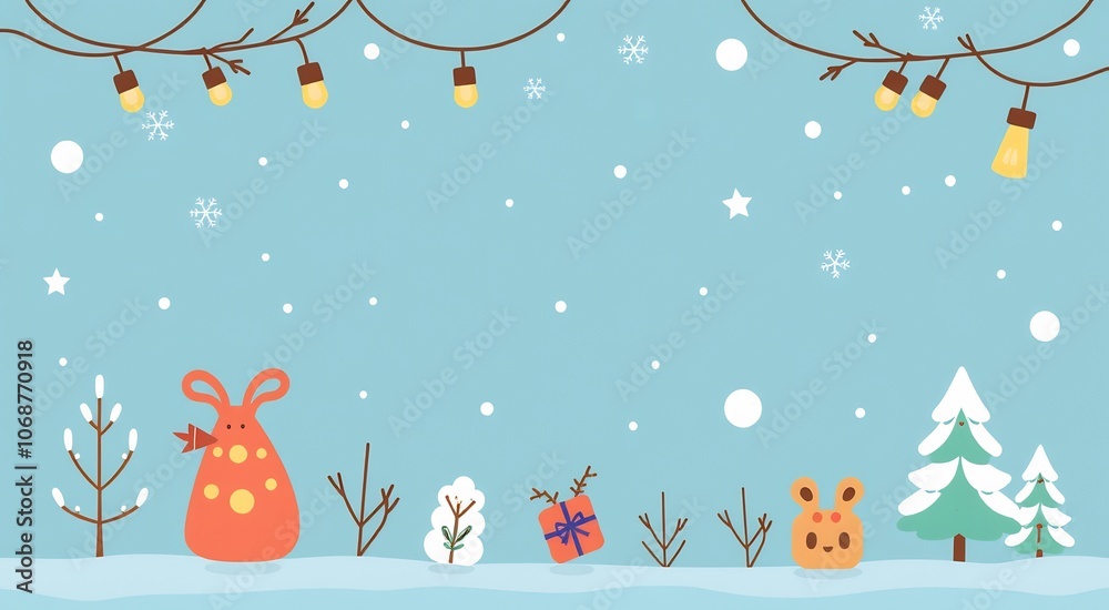 A snowy winter scene with adorable bunnies, a snowman, and a gift under a string of lights. A snowy winter scene with adorable bunnies, a snowman, and a gift under a string of lights.