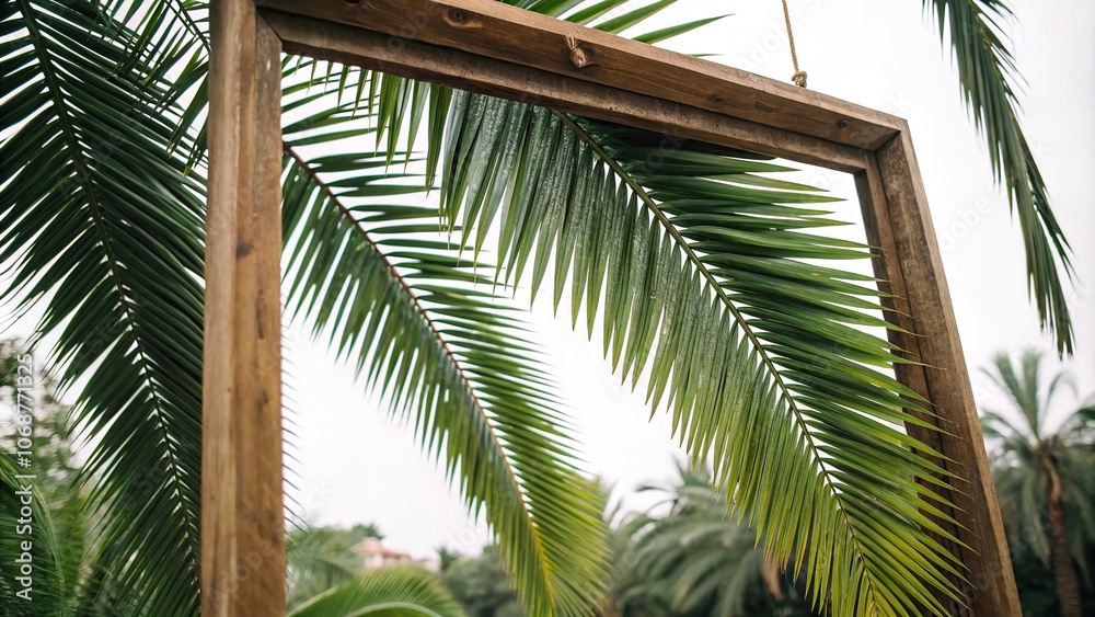 Obraz premium Palm tree leaves in shades of forest green and olive hang from a wooden frame like a work of art, palm tree leaves, artistic expression