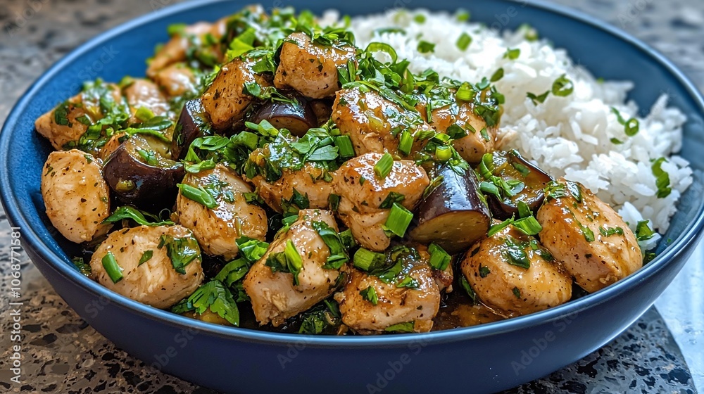 Thai Green Curry with tender chicken pieces, baby eggplant, fresh Thai basil, and steamed jasmine rice. 8K Thai Green Curry with tender chicken pieces, baby eggplant, fresh Thai basil, and steamed jasmine rice. 8K