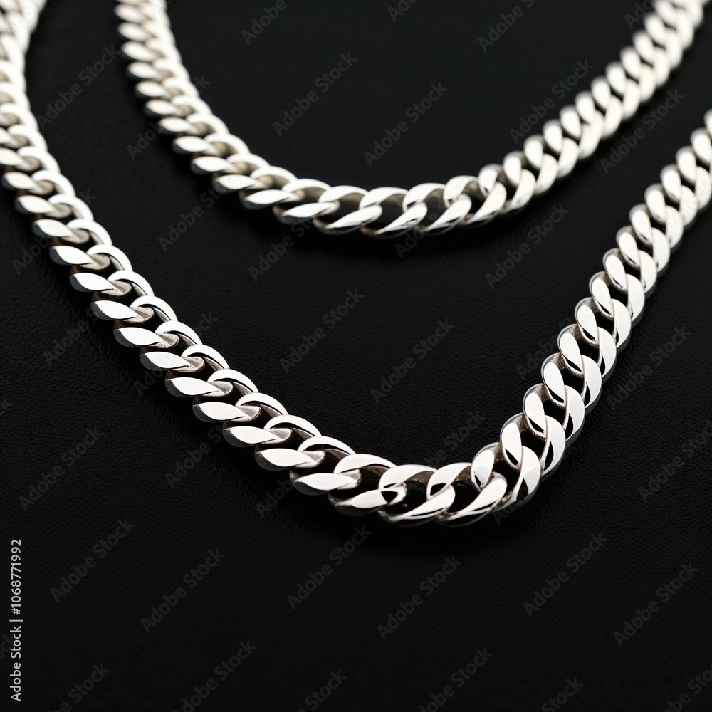 Obraz premium Sterling silver herringbone chain smooth and reflective on plain black dark background