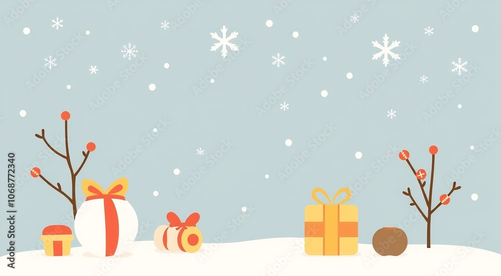 Winter landscape with gifts and snow falling, a festive Christmas background. Winter landscape with gifts and snow falling, a festive Christmas background.