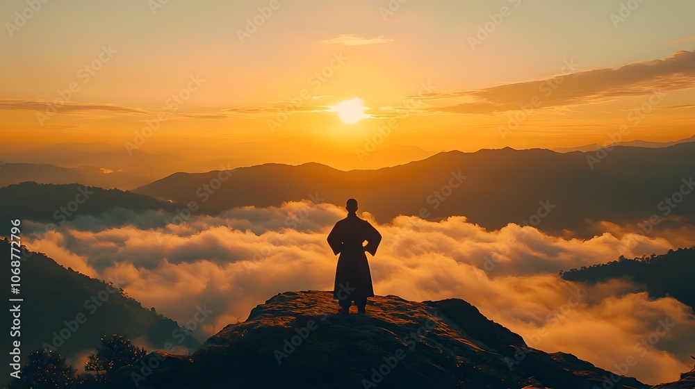 Monk Practicing Martial Arts on Misty Mountain Peak at Dawn with Rising Sun Silhouette Monk Practicing Martial Arts on Misty Mountain Peak at Dawn with Rising Sun Silhouette