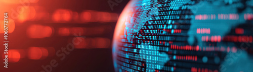 Glowing digital binary globe with blue and red hues symbolizing global connectivity and technology advancement. Perfect for tech and data concepts.