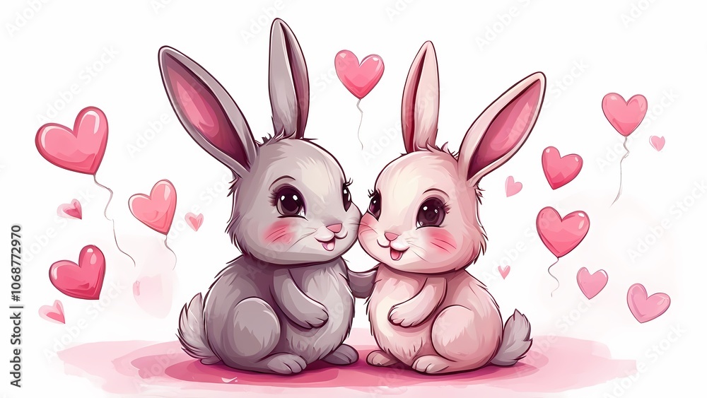 Obraz premium Cute Valentine's Day Illustration of a Couple of Cartoon Rabbits: Adorable Love Representation