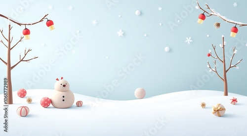 A snowman stands in a snowy landscape with red ornaments and bare branches, a winter wonderland scene.