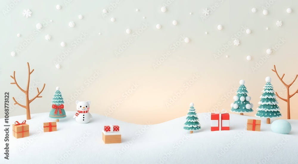 Winter wonderland scene with snow, a snowman, trees, and presents. Winter wonderland scene with snow, a snowman, trees, and presents.
