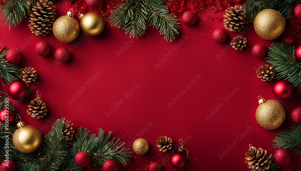 Christmas background with fir branches, red and gold ornaments on red background. Flat lay, top view or overhead of copy space decoration for greeting card, banner design or digital backdrop. Christmas background with fir branches, red and gold ornaments on red background. Flat lay, top view or overhead of copy space decoration for greeting card, banner design or digital backdrop.