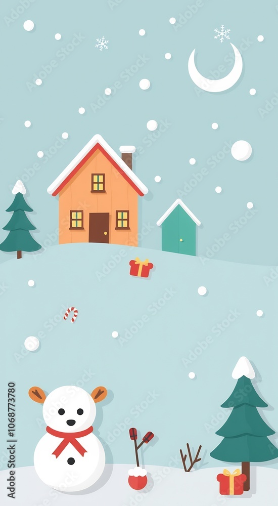 A snowy winter scene with a house, a snowman, and a Christmas tree. A snowy winter scene with a house, a snowman, and a Christmas tree.
