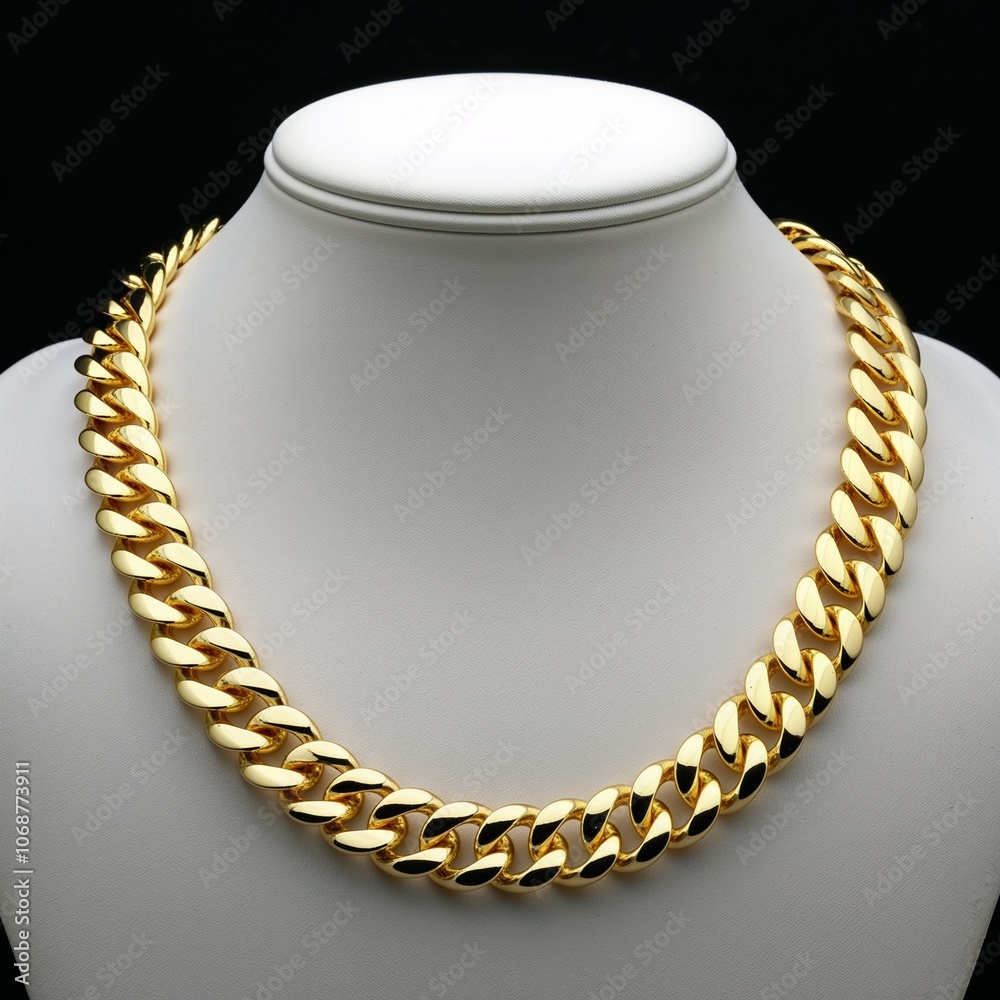 Bold yellow gold Cuban link chain unisex style on plain black dark background Bold yellow gold Cuban link chain unisex style on plain black dark background