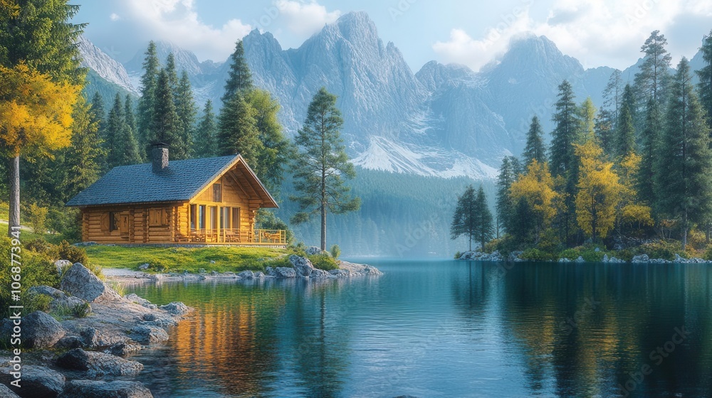 Fototapeta premium wood cabin nestled by a serene lake, surrounded by towering trees and majestic mountains, creating a picturesque natural landscape that invites tranquility and connection with nature