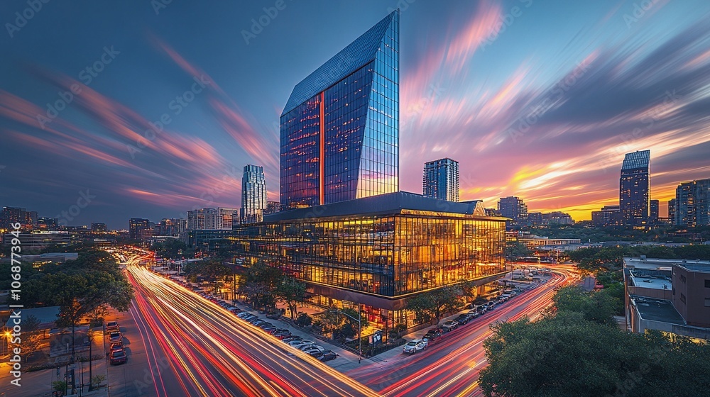 Fototapeta premium Modern Skyscraper with Glass Facade in Busy City at Night