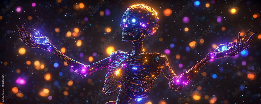 A 3D Render of a Shiny Golden Skeleton Reaching Up With Glowing Hands Amidst a Cosmic Bokeh Background A 3D Render of a Shiny Golden Skeleton Reaching Up With Glowing Hands Amidst a Cosmic Bokeh Background