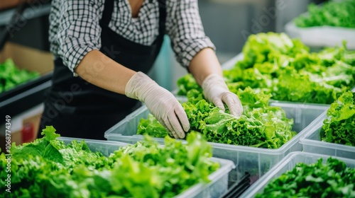 A woman wearing a black apron and gloves is picking up lettuce from a bin