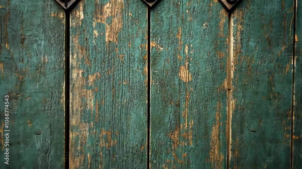 A close-up of weathered, teal wooden planks with rusty metal accents A close-up of weathered, teal wooden planks with rusty metal accents