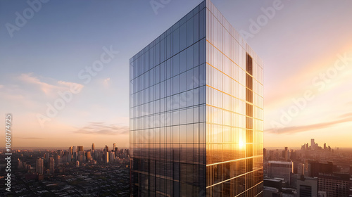 A modern glass skyscraper reflecting the sunset, situated in an urban environment with warm golden hues.