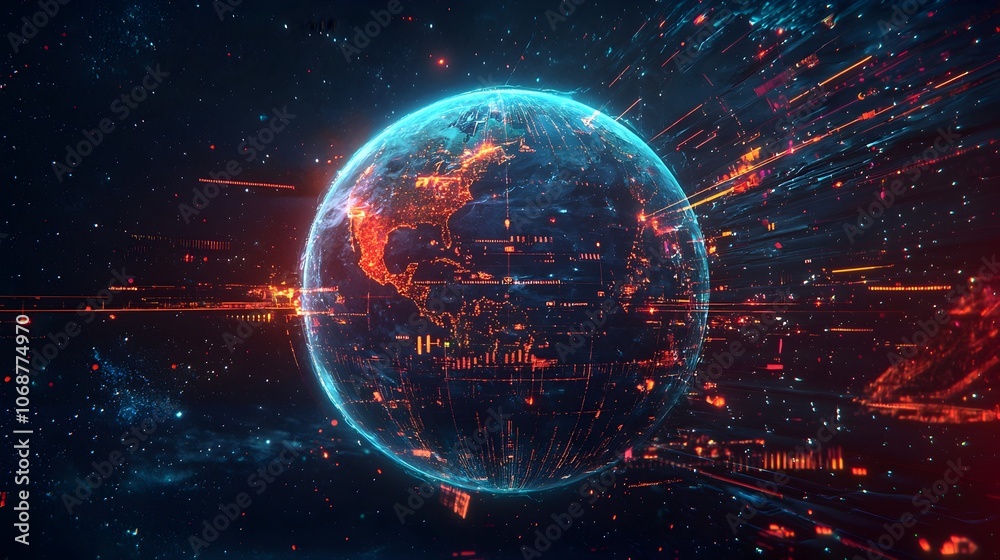 Futuristic Glowing Planet Earth with Orbiting Holographic Satellites and Digital Data Streams Futuristic Glowing Planet Earth with Orbiting Holographic Satellites and Digital Data Streams