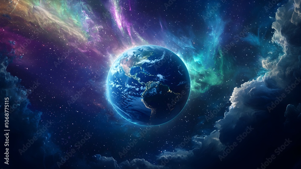 Obraz premium Luminous Planet Earth Wrapped in Vibrant Aurora Borealis Against Starry Cosmic Backdrop