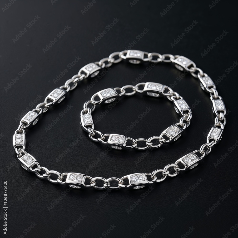 Rhodium plated silver chain with diamond stations subtle sparkle on plain black dark background Rhodium plated silver chain with diamond stations subtle sparkle on plain black dark background