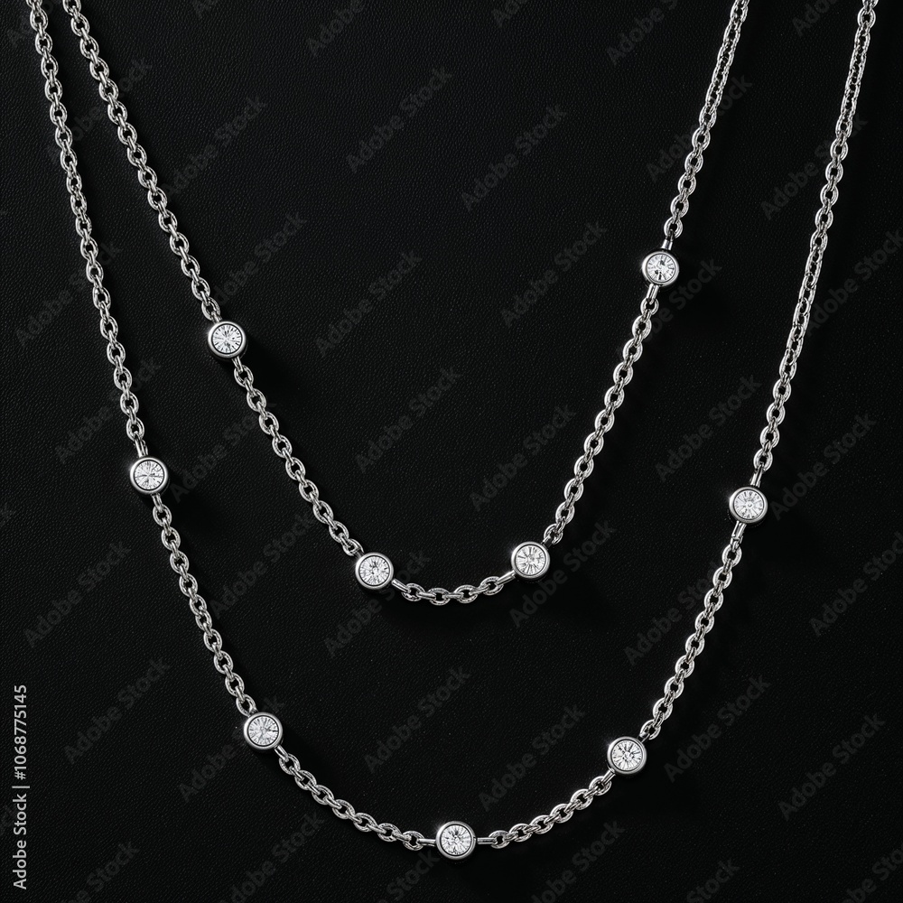 Rhodium plated silver chain with diamond stations subtle sparkle on plain black dark background Rhodium plated silver chain with diamond stations subtle sparkle on plain black dark background