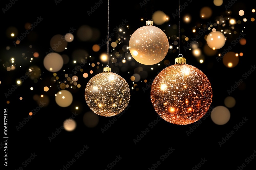 Tres esferas doradas de Navidad sobre un fondo negro con luces, creando una escena elegante.
Tres esferas doradas de Navidad sobre un fondo negro con luces, creando una escena elegante.