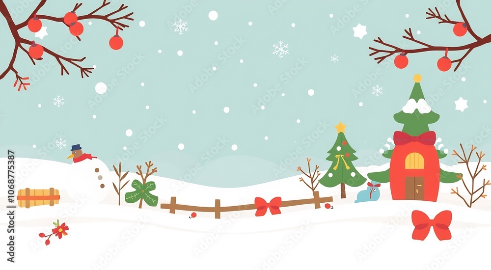 Snowy Christmas Scene with a Snowman, Christmas Trees, and a Small House.