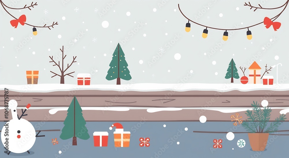 A snowy winter scene with a snowman, Christmas trees, presents, and lights. A snowy winter scene with a snowman, Christmas trees, presents, and lights.