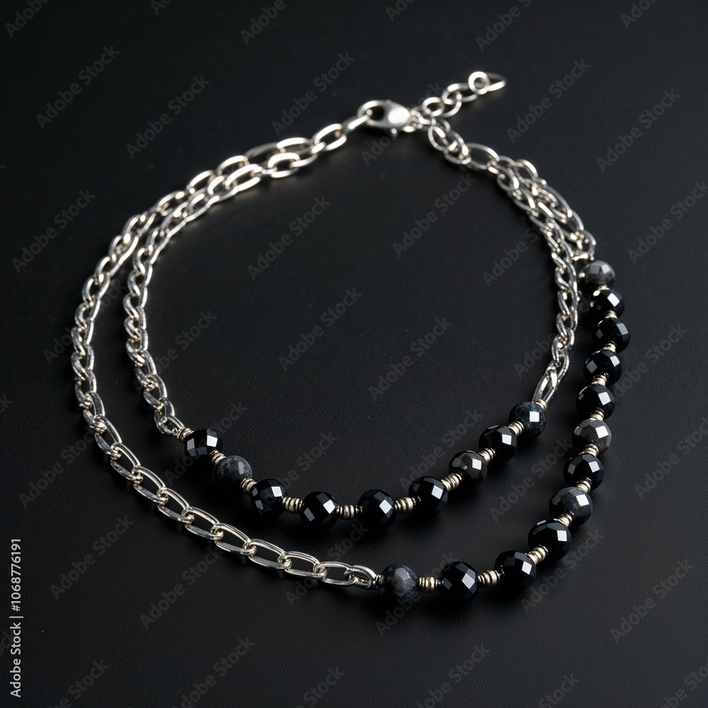 Silver chain with black spinel beads edgy and elegant on plain black dark background Silver chain with black spinel beads edgy and elegant on plain black dark background