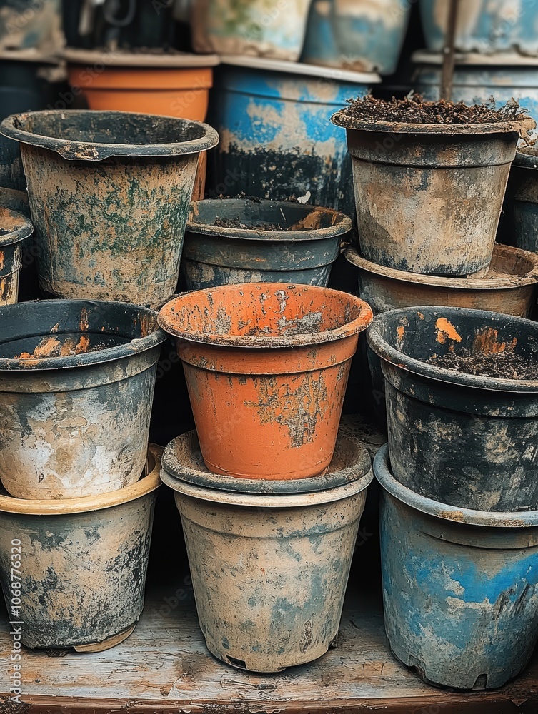 Colorful collection of weathered plant pots in various sizes, showcasing timeless beauty. Colorful collection of weathered plant pots in various sizes, showcasing timeless beauty.