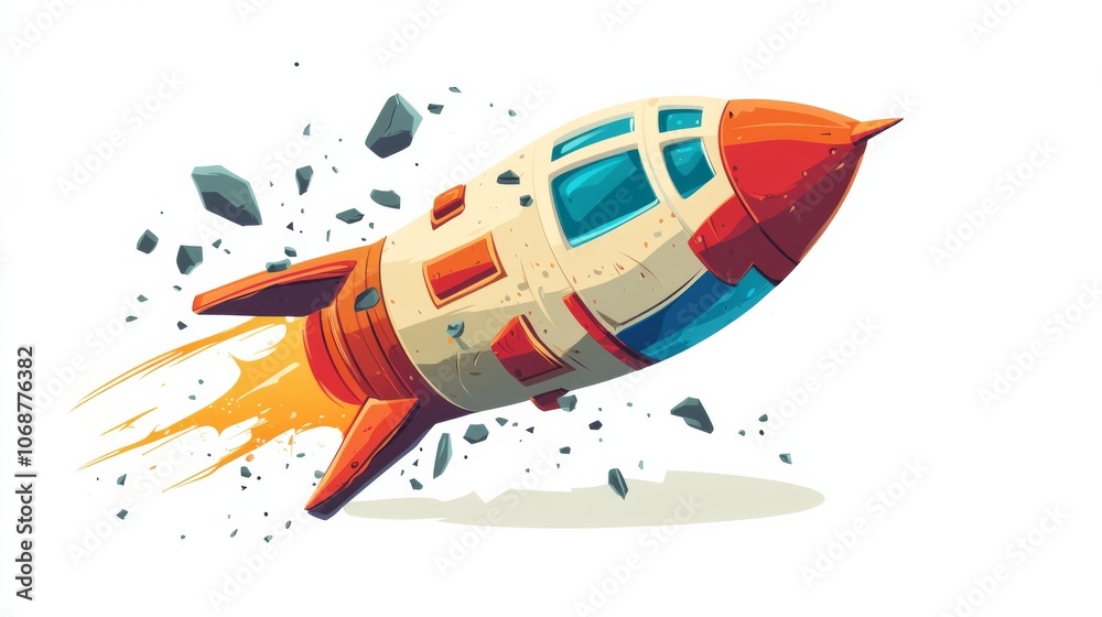 A rocket is flying through space with a trail of debris behind it A rocket is flying through space with a trail of debris behind it