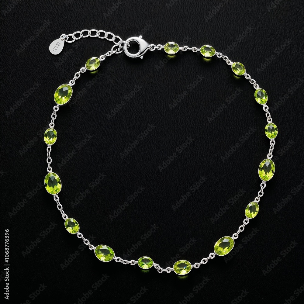 Silver chain with peridot detailing fresh and lively on plain black dark background Silver chain with peridot detailing fresh and lively on plain black dark background