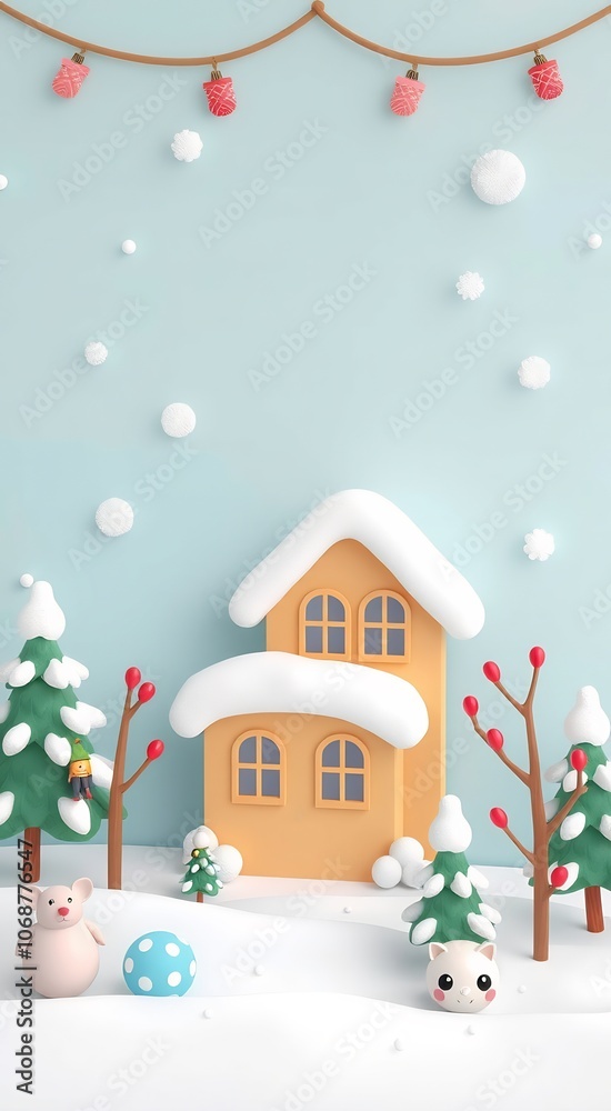 3D rendered cute winter scene with a house, trees, and animals in the snow.