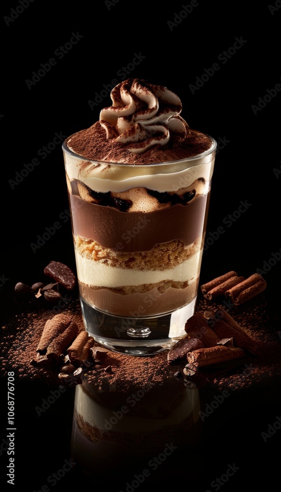 Delicious tiramisu in a charming glass a visual delight of luscious layers and rich cocoa tones Delicious tiramisu in a charming glass a visual delight of luscious layers and rich cocoa tones