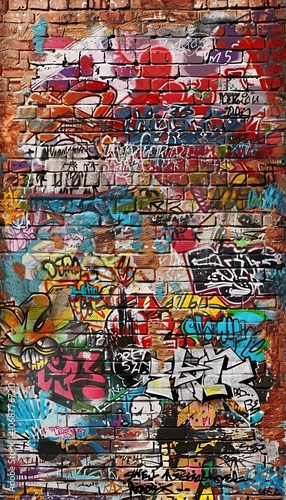 Wallpaper Mural Vibrant graffiti explosion on brick wall  a stunning showcase of urban street art creativity Torontodigital.ca