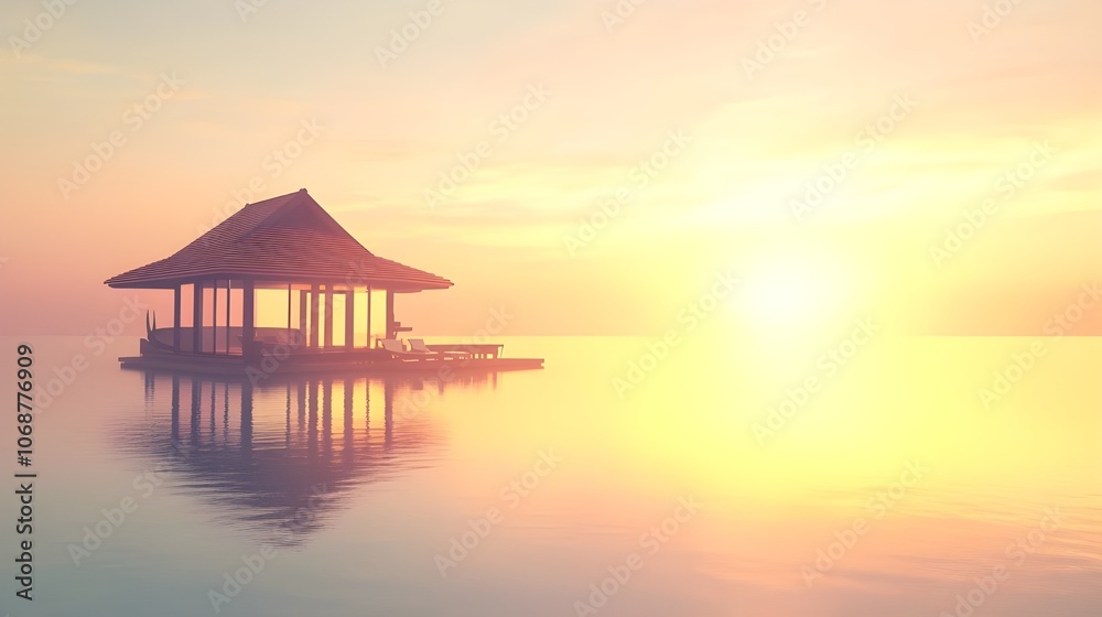 Tropical Bungalow Surrounded by Calm Water.